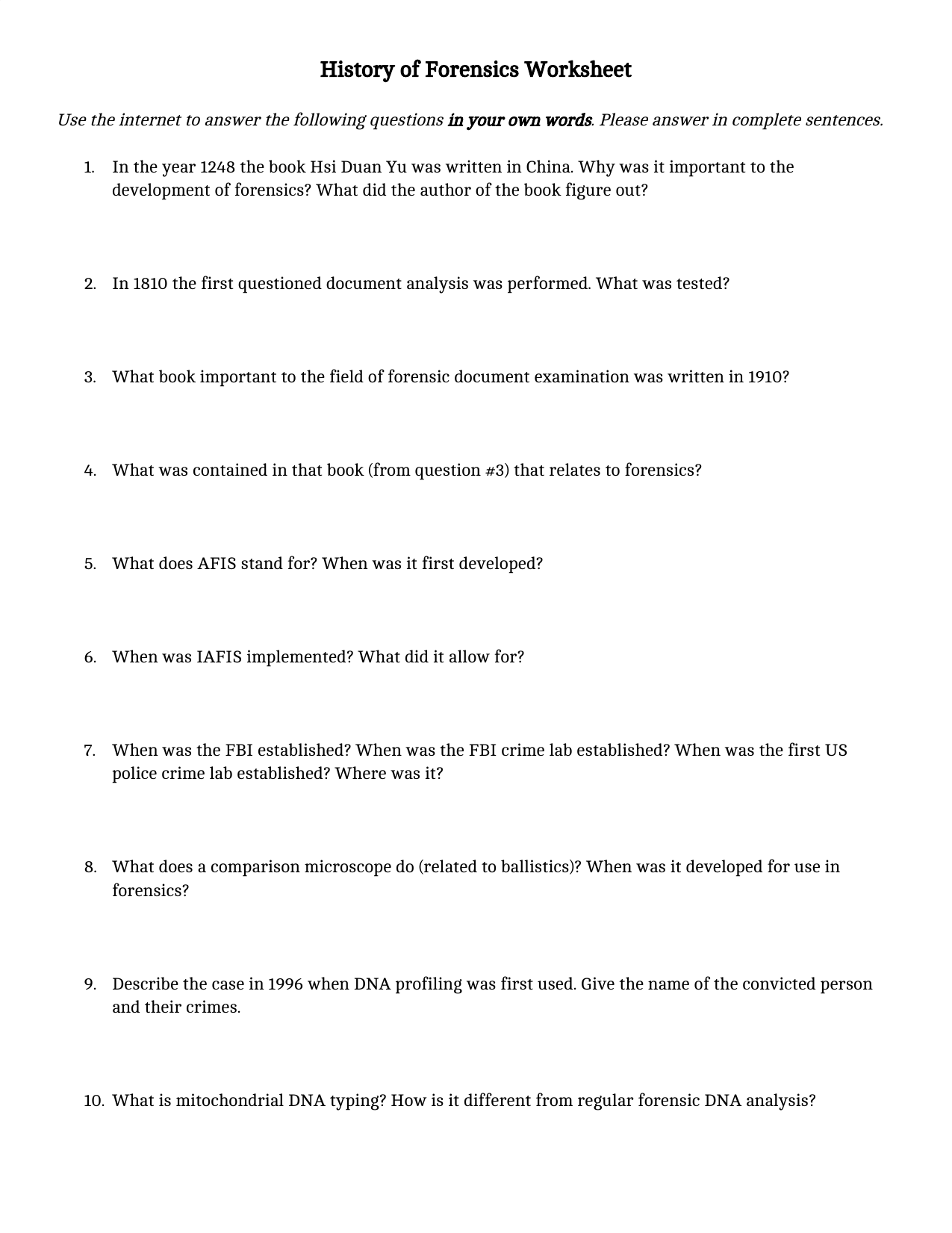 History Of Forensics Worksheet History Of Forensics Worksheet