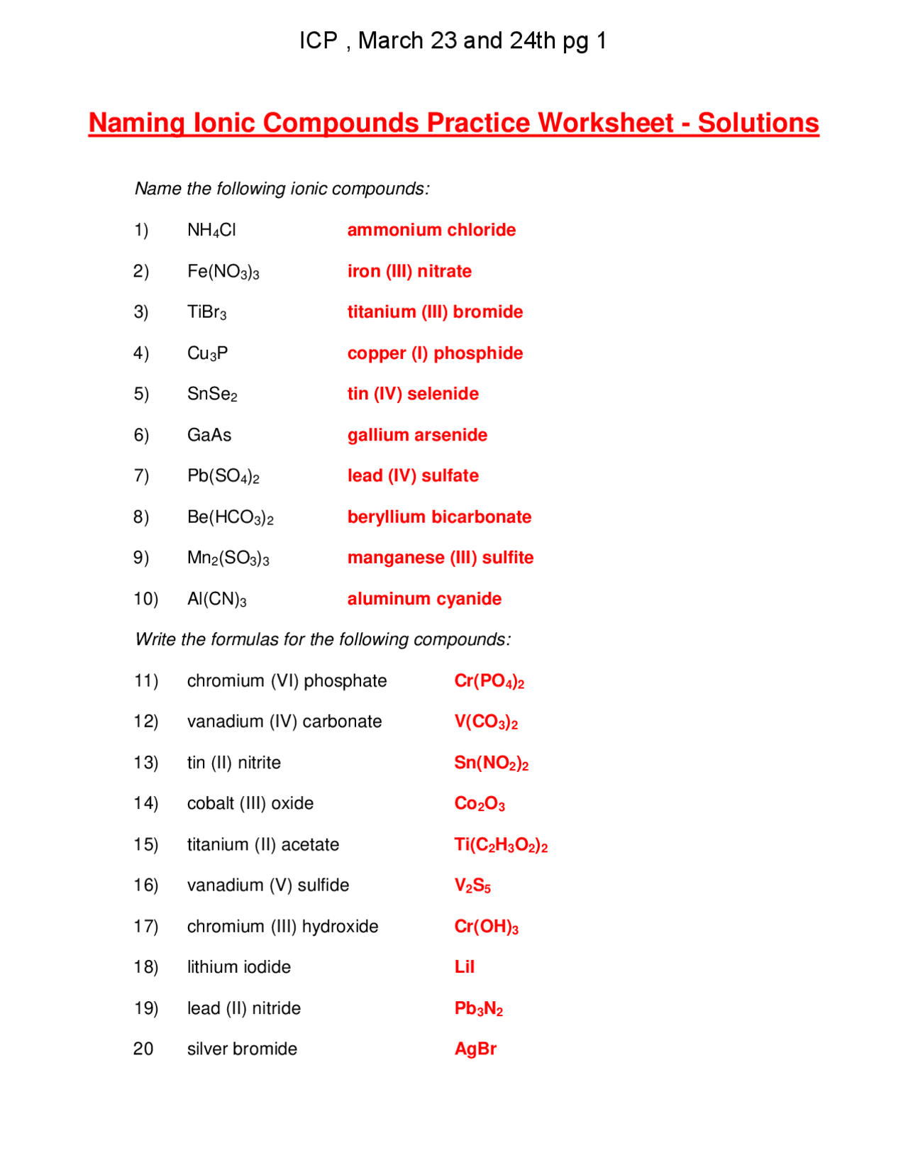 Ionic Compounds Nomenclature Worksheet Printable Art Activities