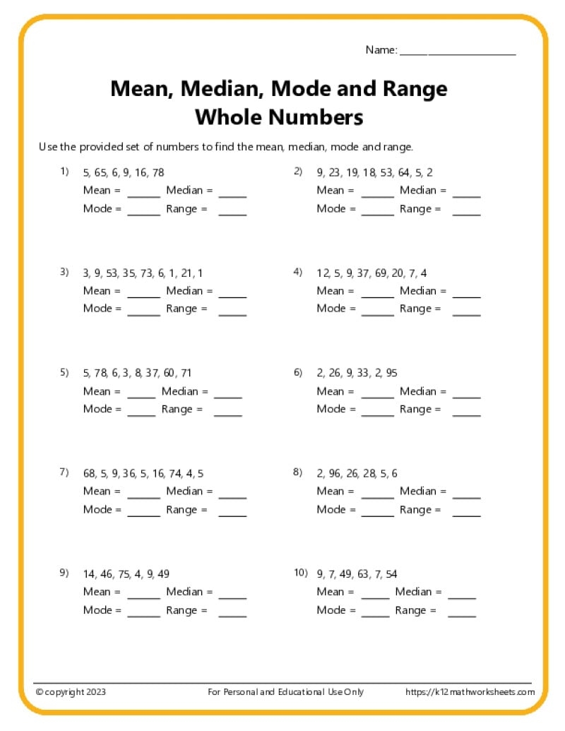 Mean Median Mode Range Worksheets