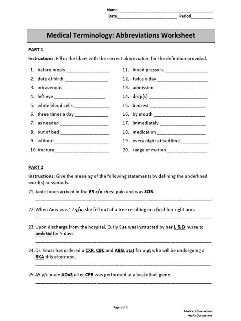 Medical Abbreviations Worksheet PDF PDF Health Care Medical Worksheets Library Medical Abbreviations Worksheet PDF PDF Health Care Medical Worksheets Library
