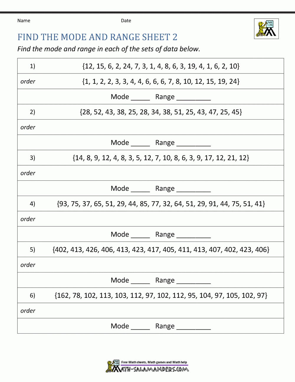 Mode And Range Worksheets