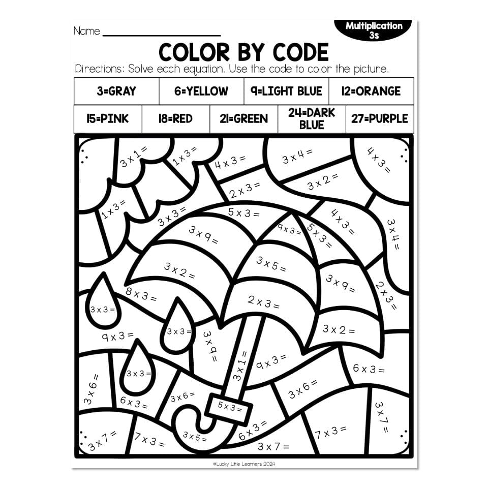 Multiplication By 3 Spring Color By Code Rain And Umbrella Lucky Little Learners Multiplication By 3 Spring Color By Code Rain And Umbrella Lucky Little Learners