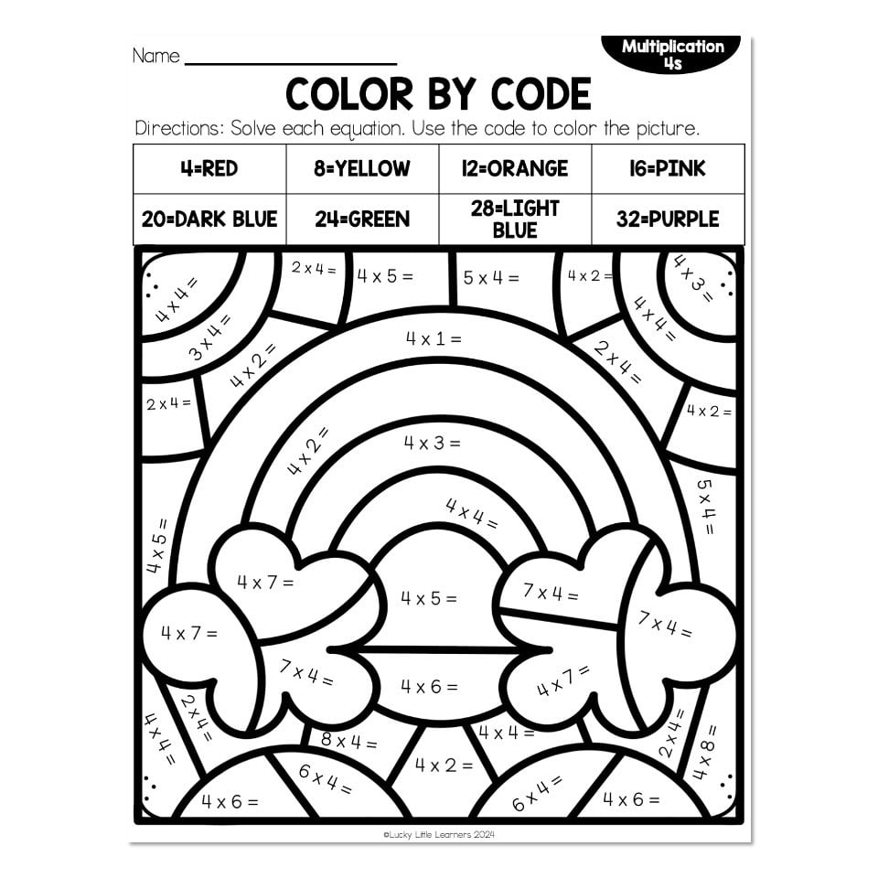 Multiplication By 4 Spring Color By Code Rainbow Lucky Little Learners