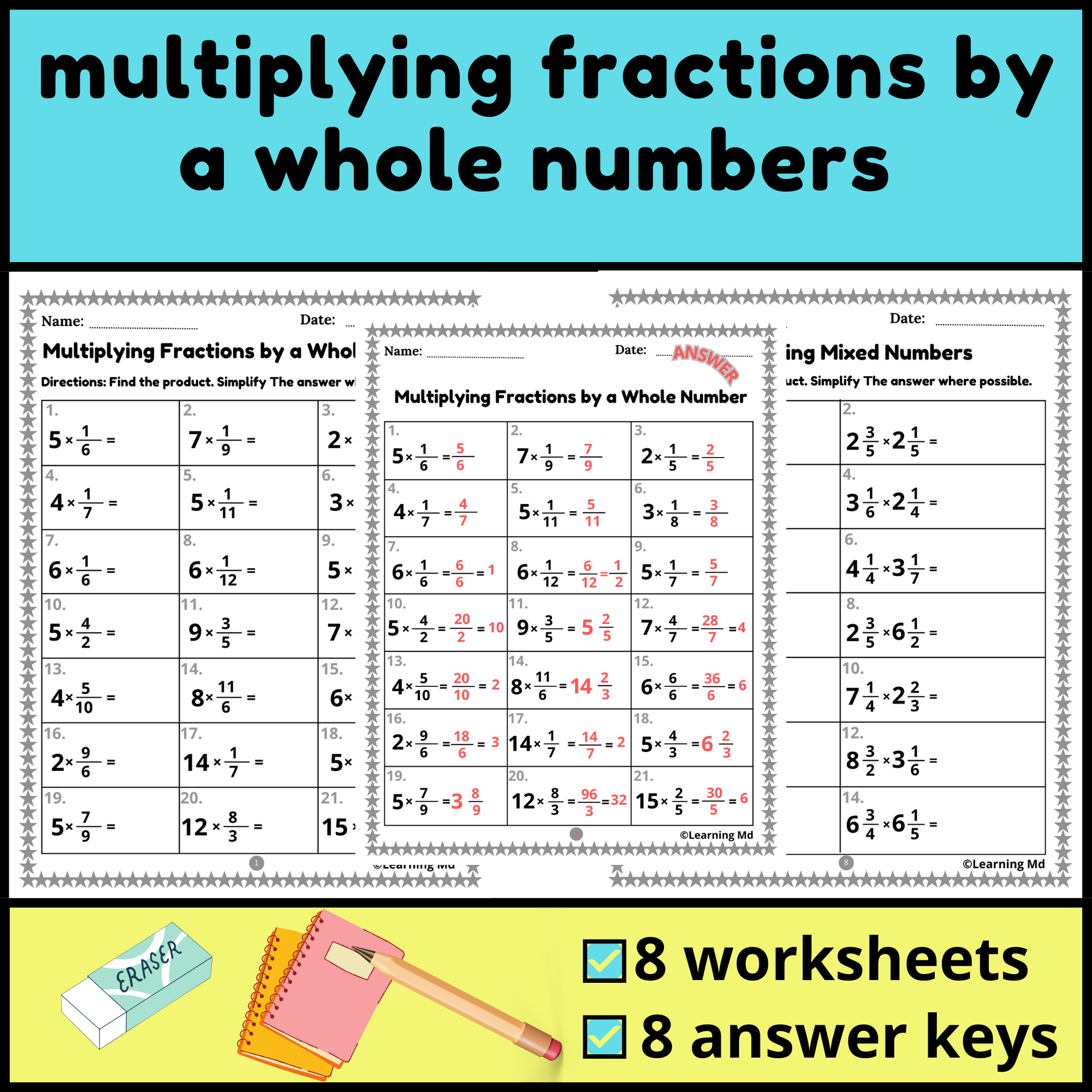 multiplying fractions and whole numbers worksheet