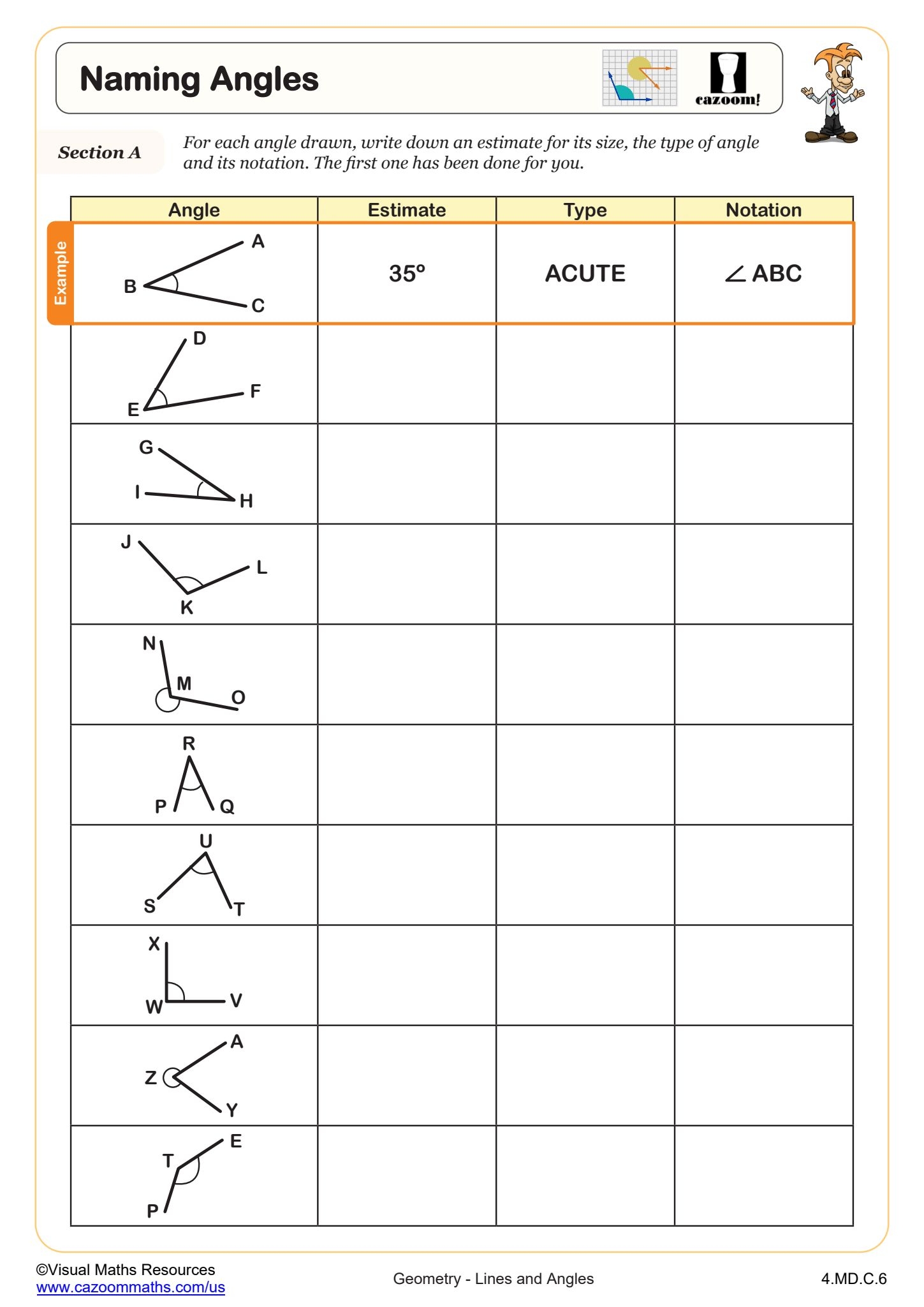 Naming Angles Worksheet PDF Printable Geometry Worksheet