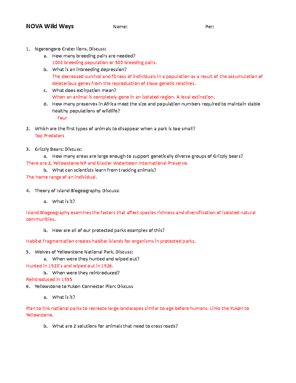 NOVA Wild Ways Worksheet Answers And Discussions On Wildlife Conservation Studocu