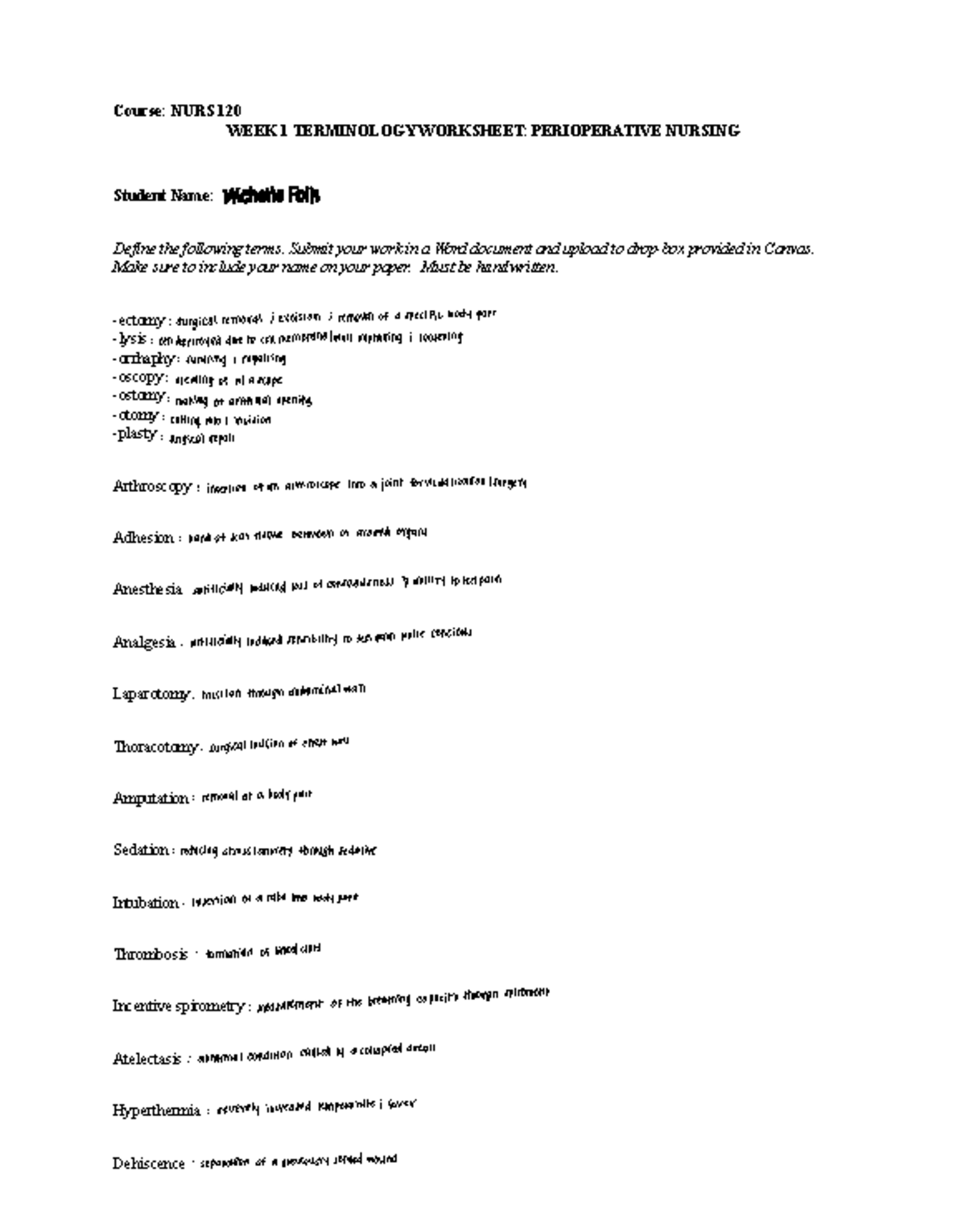 NURS 120 Week 1 Perioperative Nursing Terminology Worksheet Studocu NURS 120 Week 1 Perioperative Nursing Terminology Worksheet Studocu