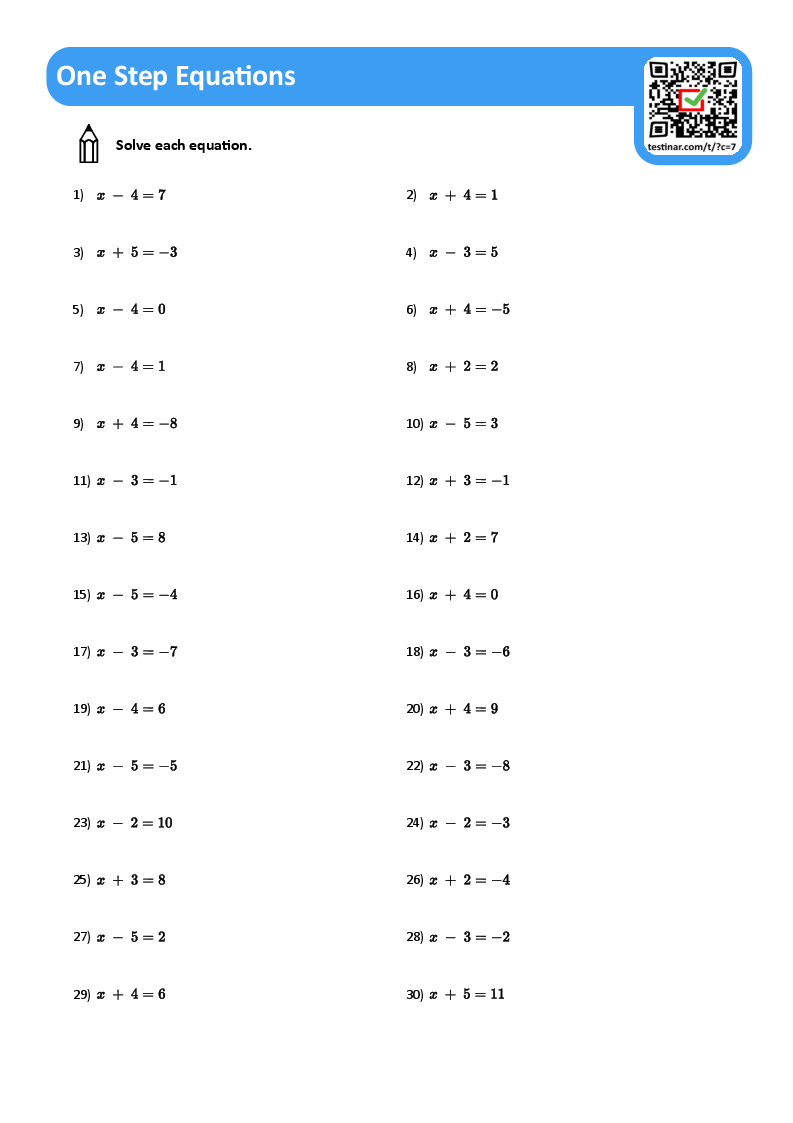 One Step Equations Worksheets One Step Equations Worksheets