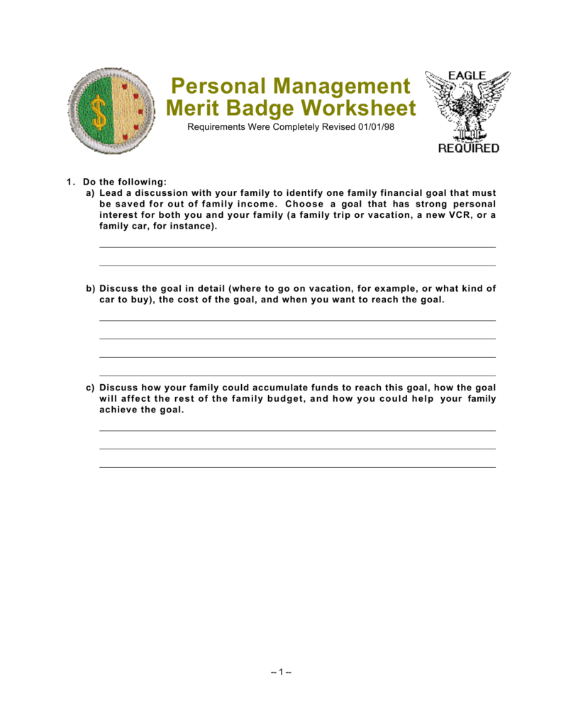 personal management merit badge worksheet personal management merit badge worksheet