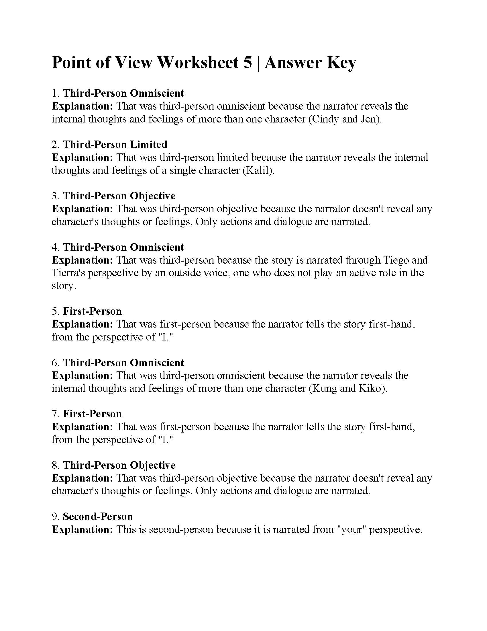 Point Of View Worksheet 5 Answers Point Of View Worksheet 5 Answers