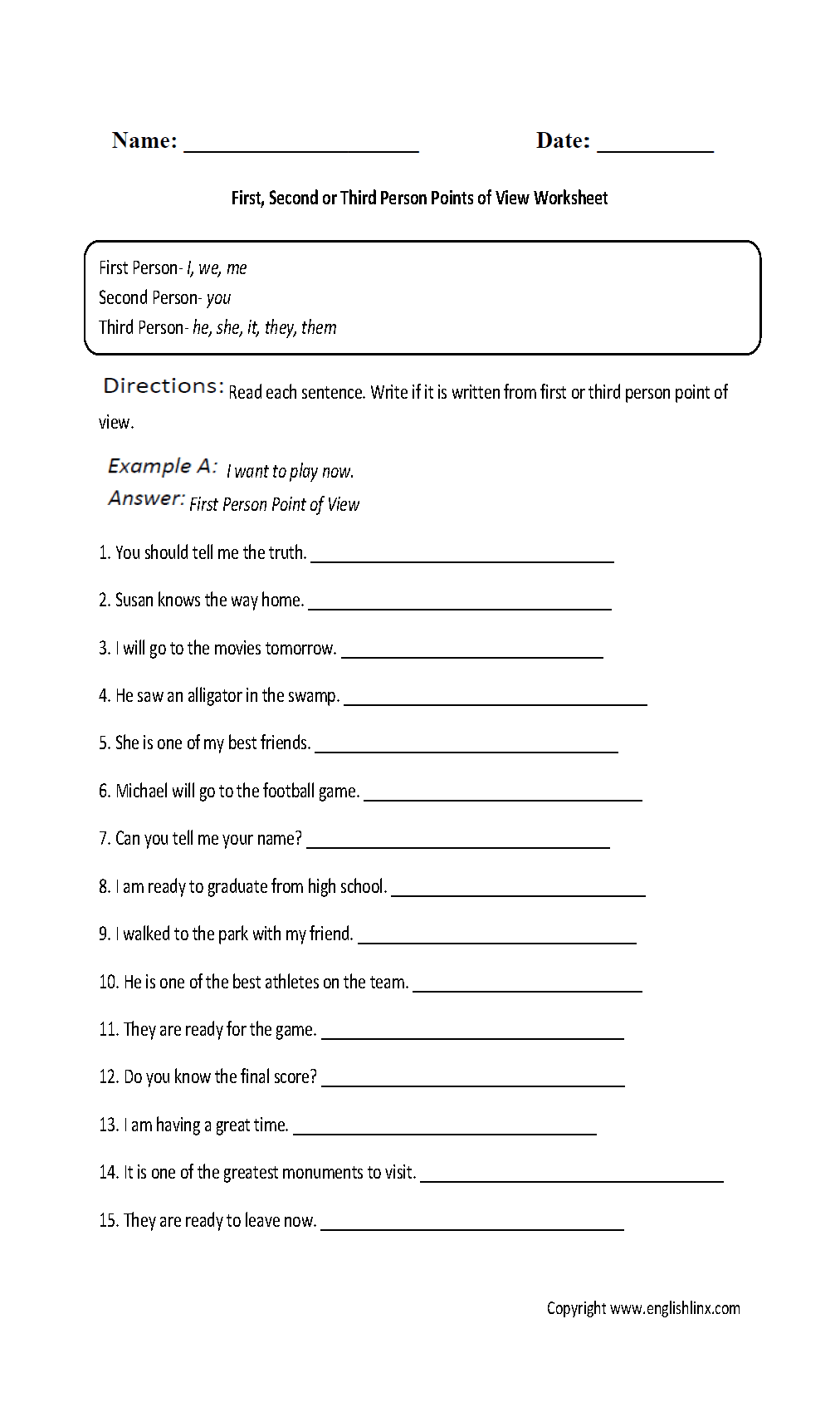 Point Of View Worksheets First Second And Third Person Point Of View Worksheet Point Of View Worksheets First Second And Third Person Point Of View Worksheet
