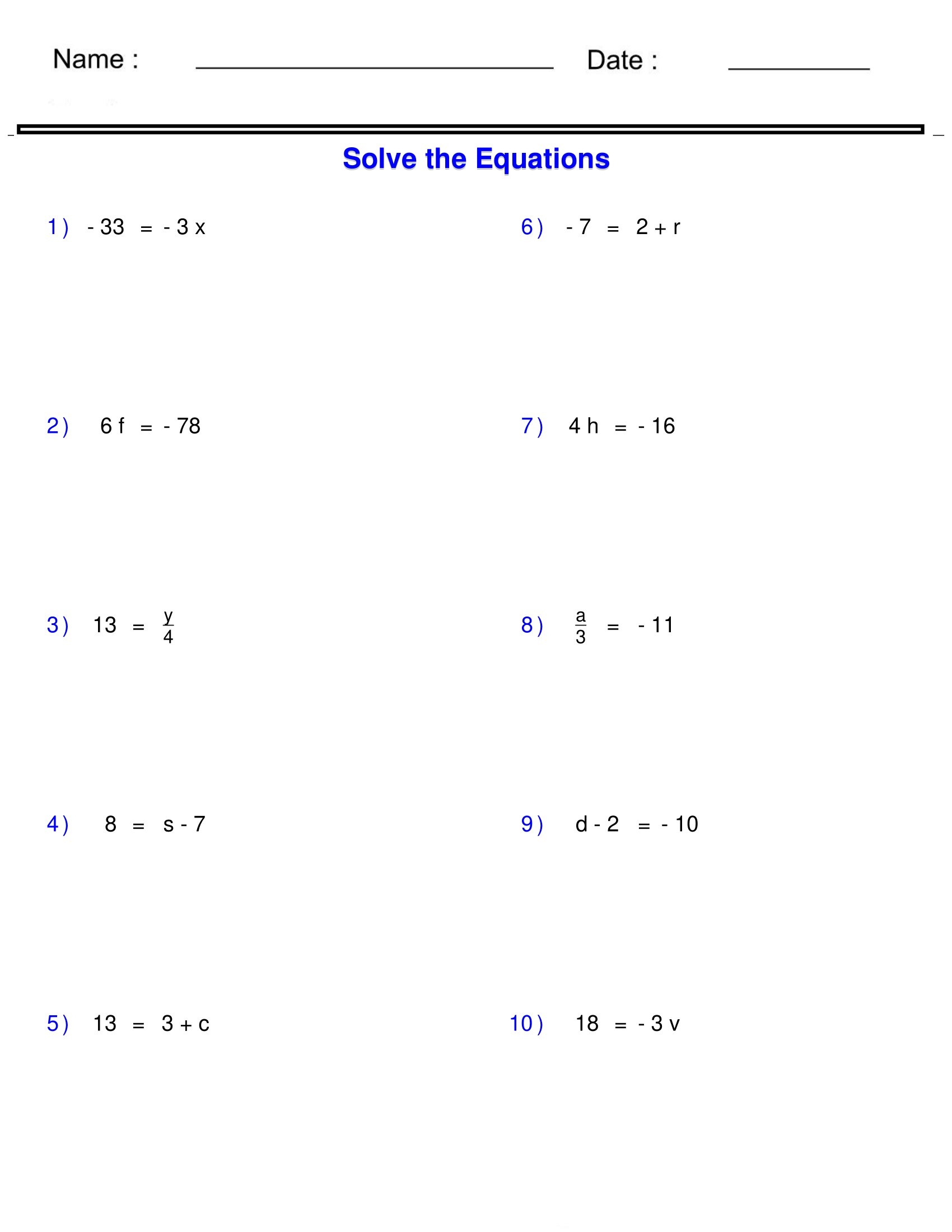 Pre Algebra Equations One Step Equations Containing Integers Worksheets Made By Teachers