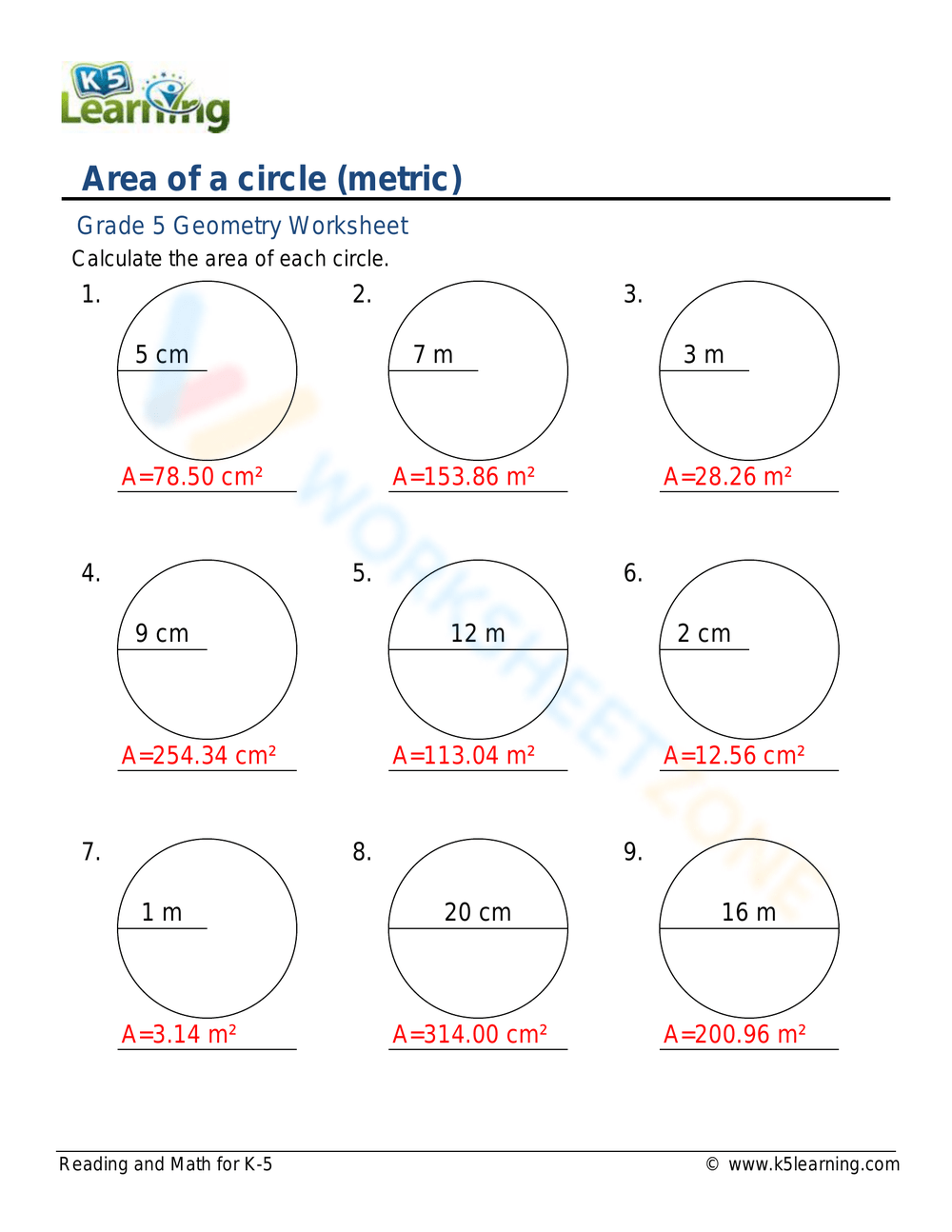 area of a circle worksheet