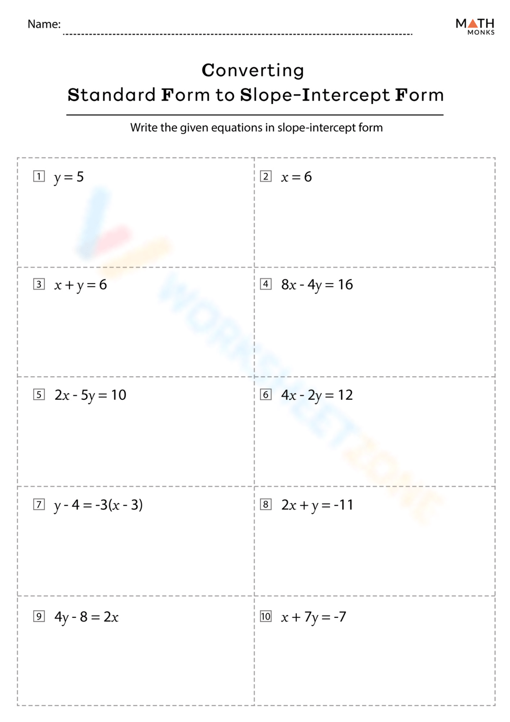 Printable 8th Grade Slope Intercept Form Y mx b Worksheets