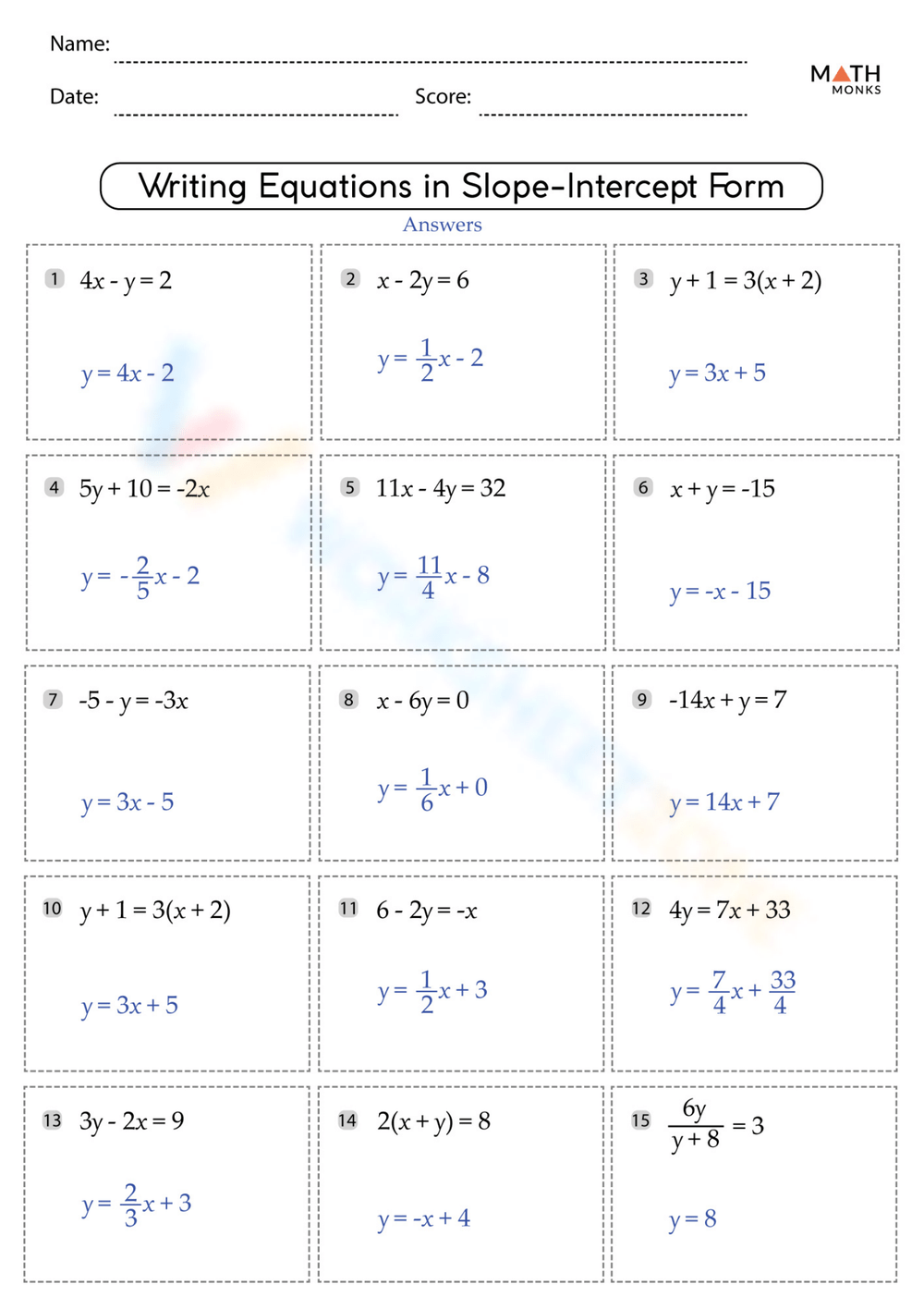 Printable 8th Grade Slope Intercept Form Y mx b Worksheets Printable 8th Grade Slope Intercept Form Y mx b Worksheets