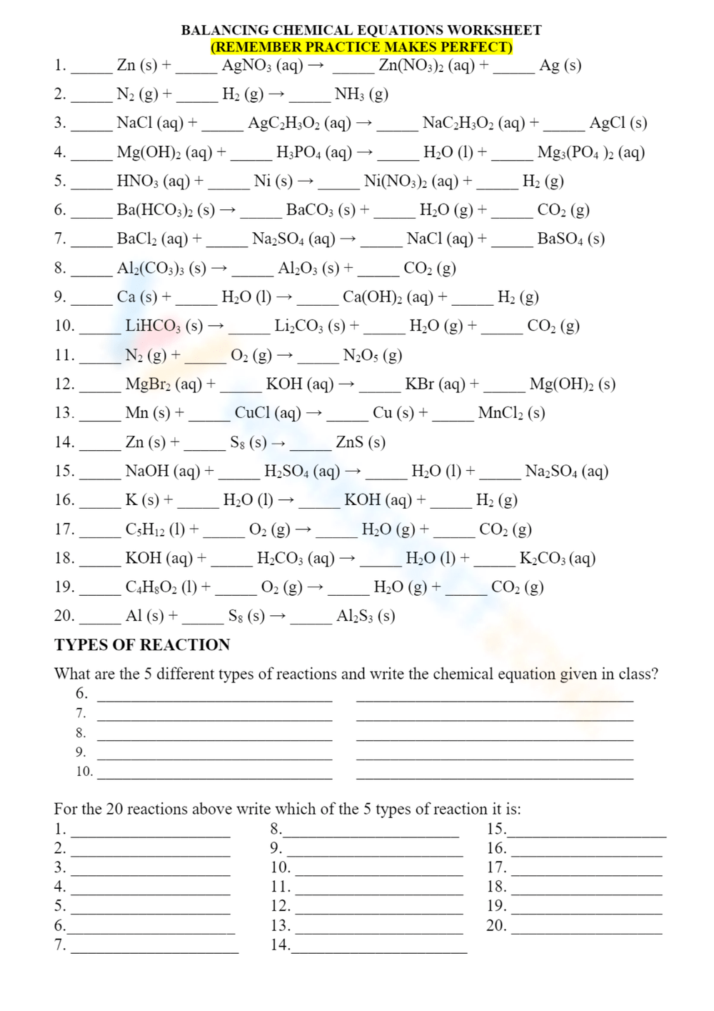 Printable 9th Grade Balancing Chemical Equations Worksheets