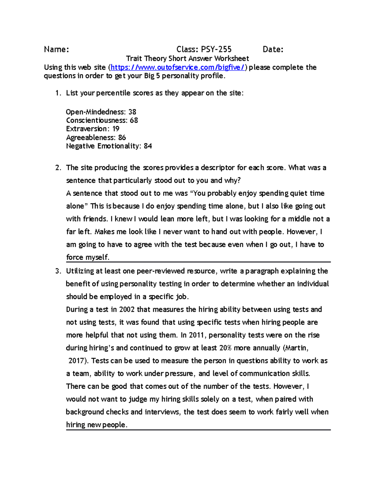 PSY 255 Trait Theory Short Answer Worksheet And Analysis Studocu