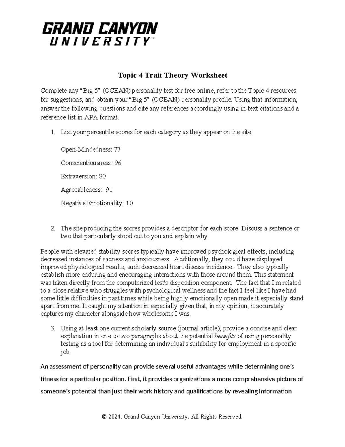 PSY 255 Trait Theory Worksheet Exploring The Big 5 And Its Implications Studocu