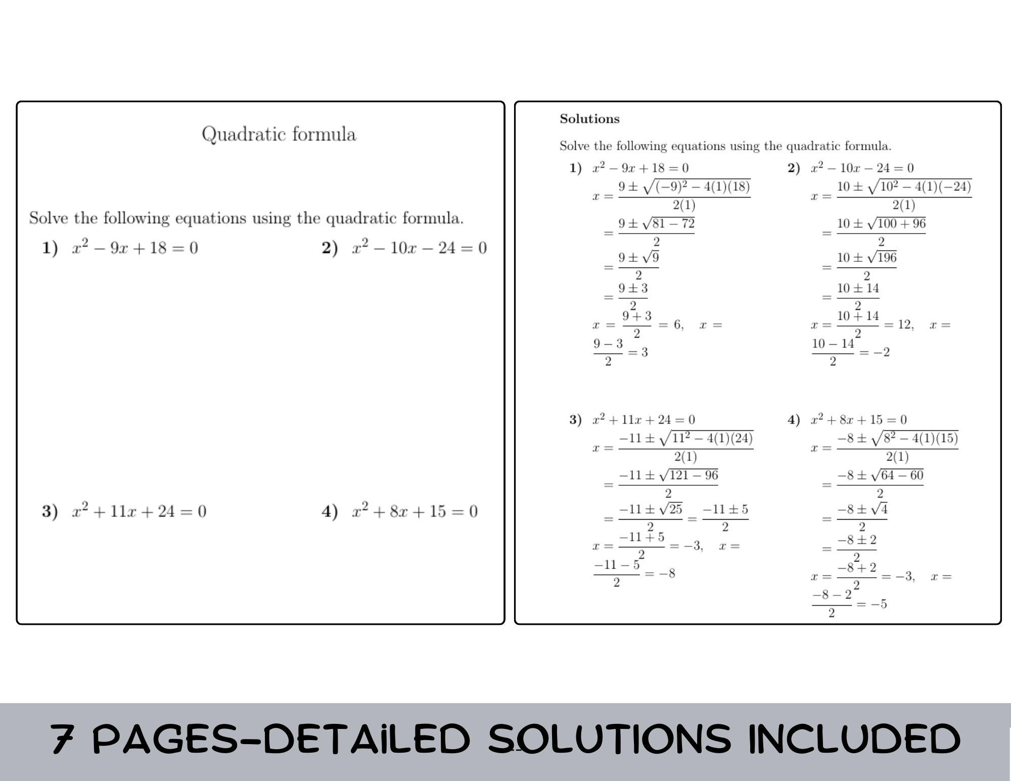 Quadratic Formula Worksheet with Solutions Teaching Resources