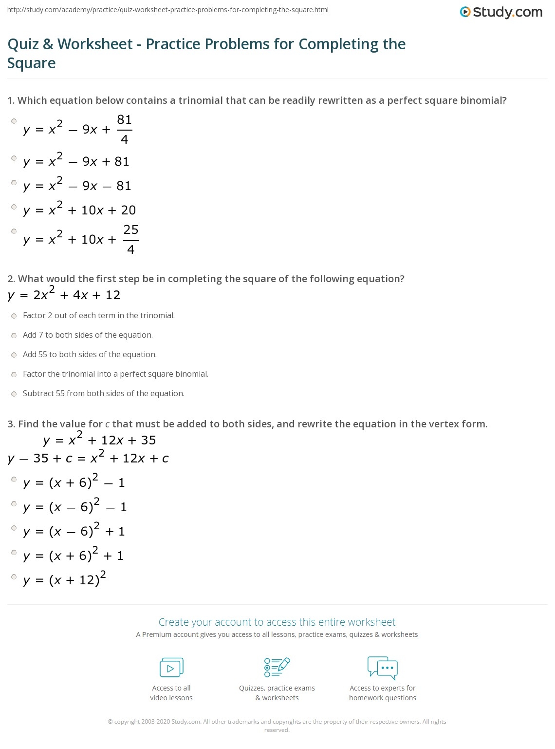 Quiz Worksheet Practice Problems For Completing The Square Study