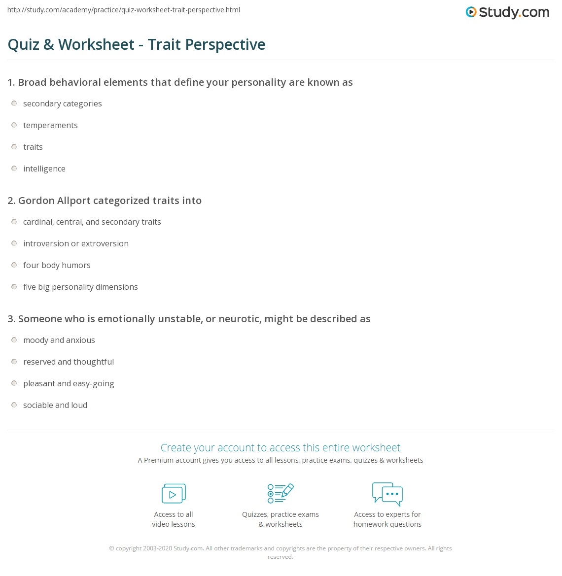 Quiz Worksheet Trait Perspective Study
