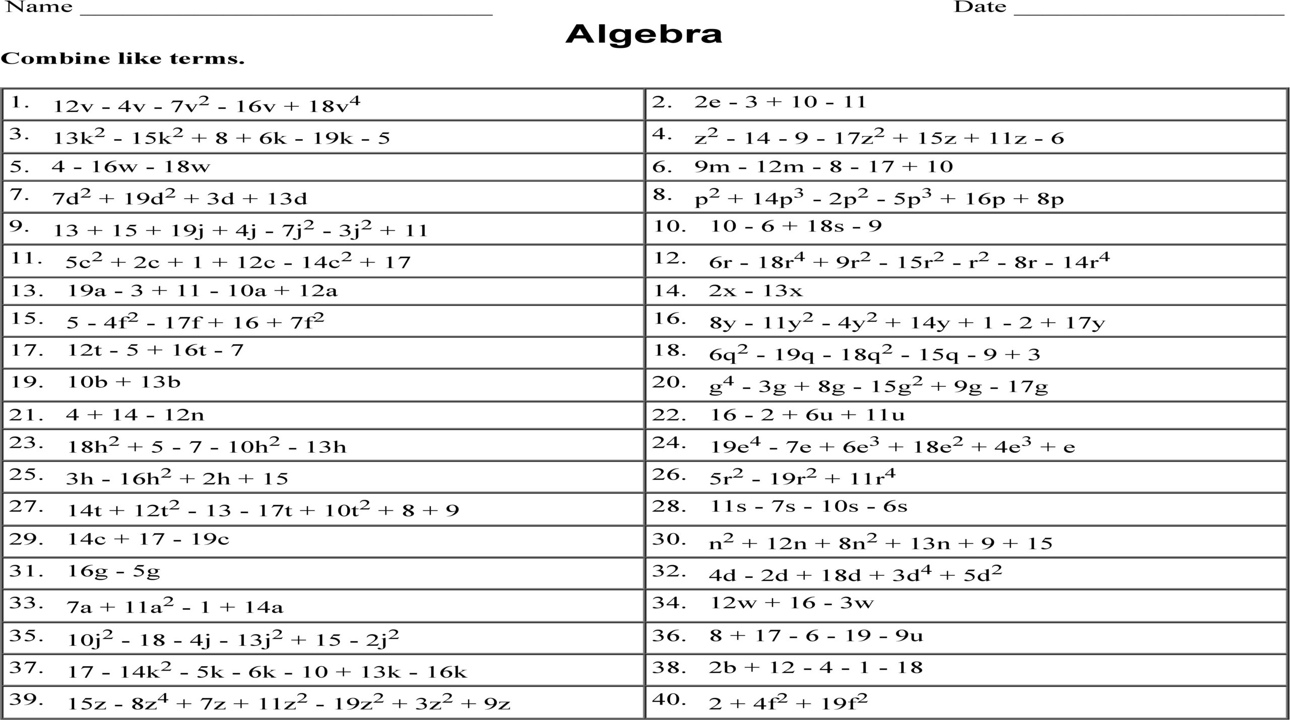 Simplifying Algebraic Expressions Combining Like Terms