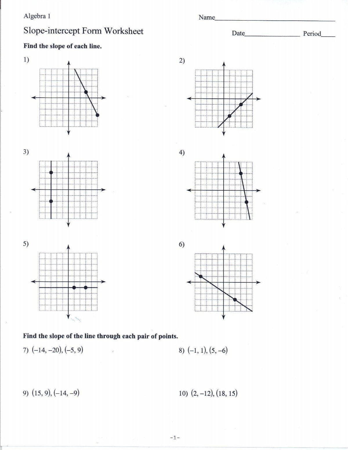 slope intercept form worksheet slope intercept form worksheet