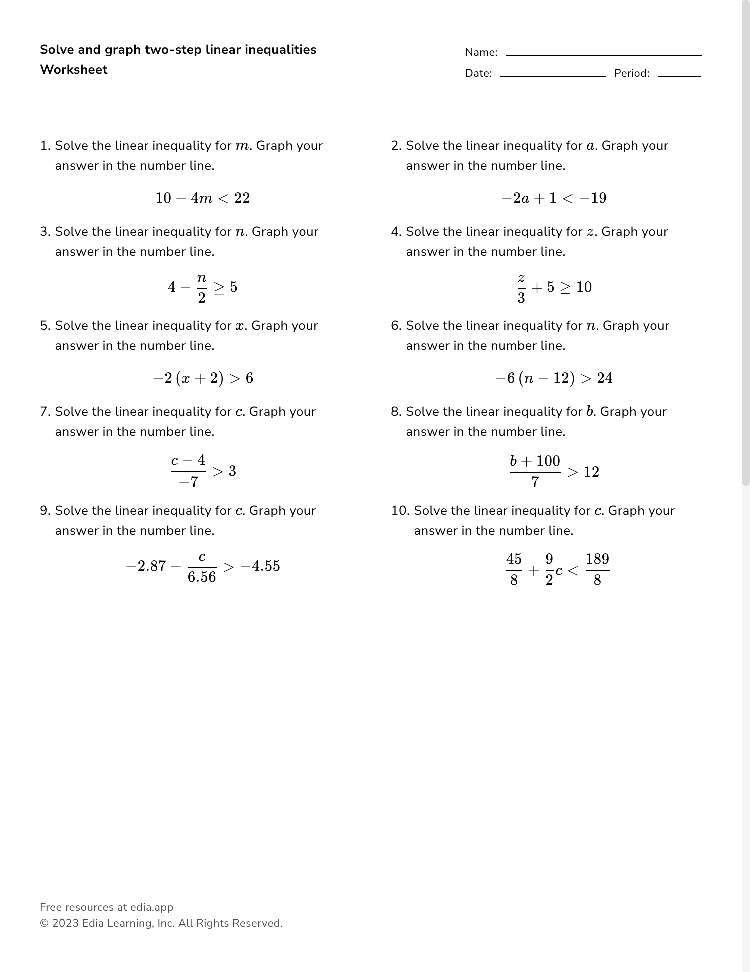 Solve And Graph Two step Linear Inequalities Worksheet