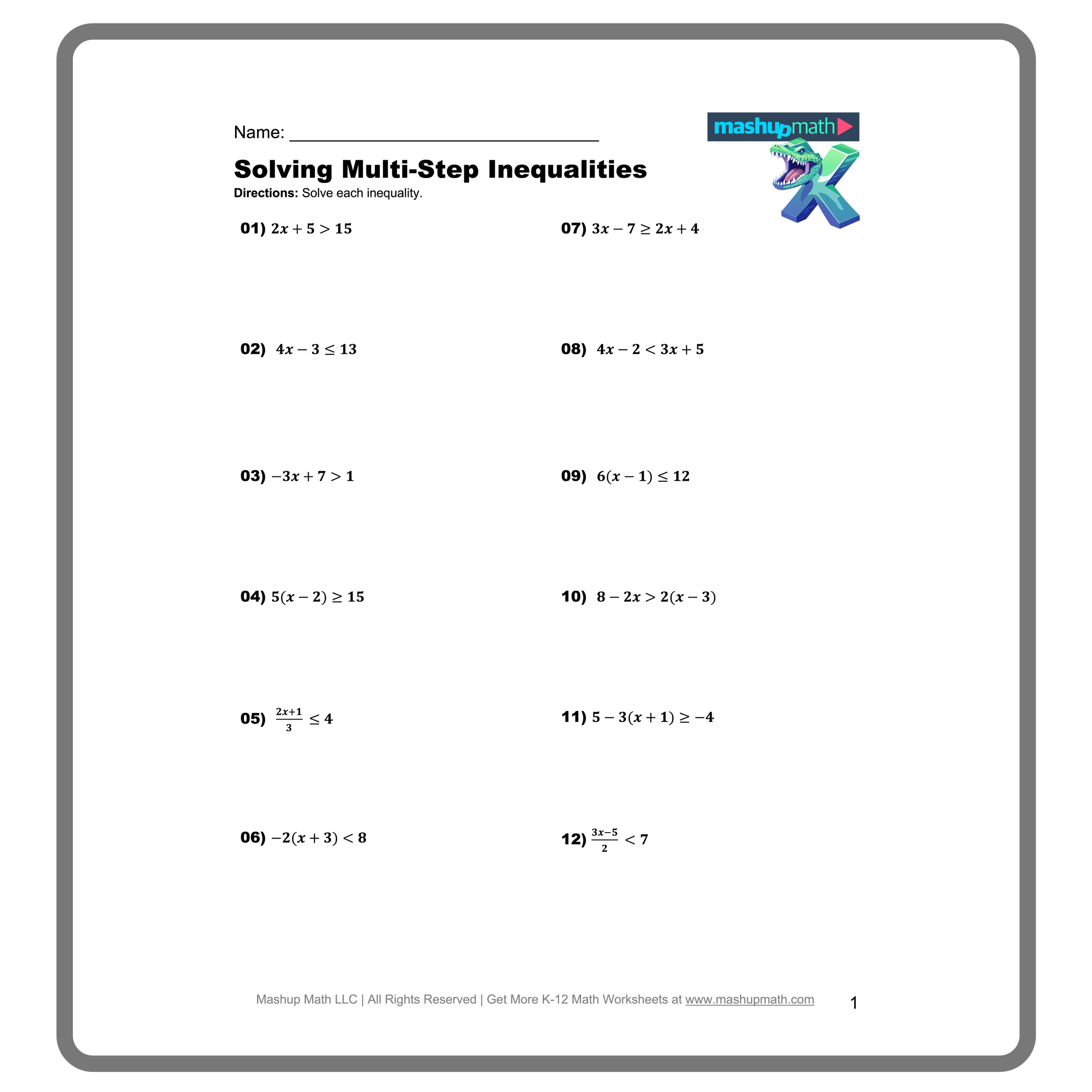 two step inequalities worksheet