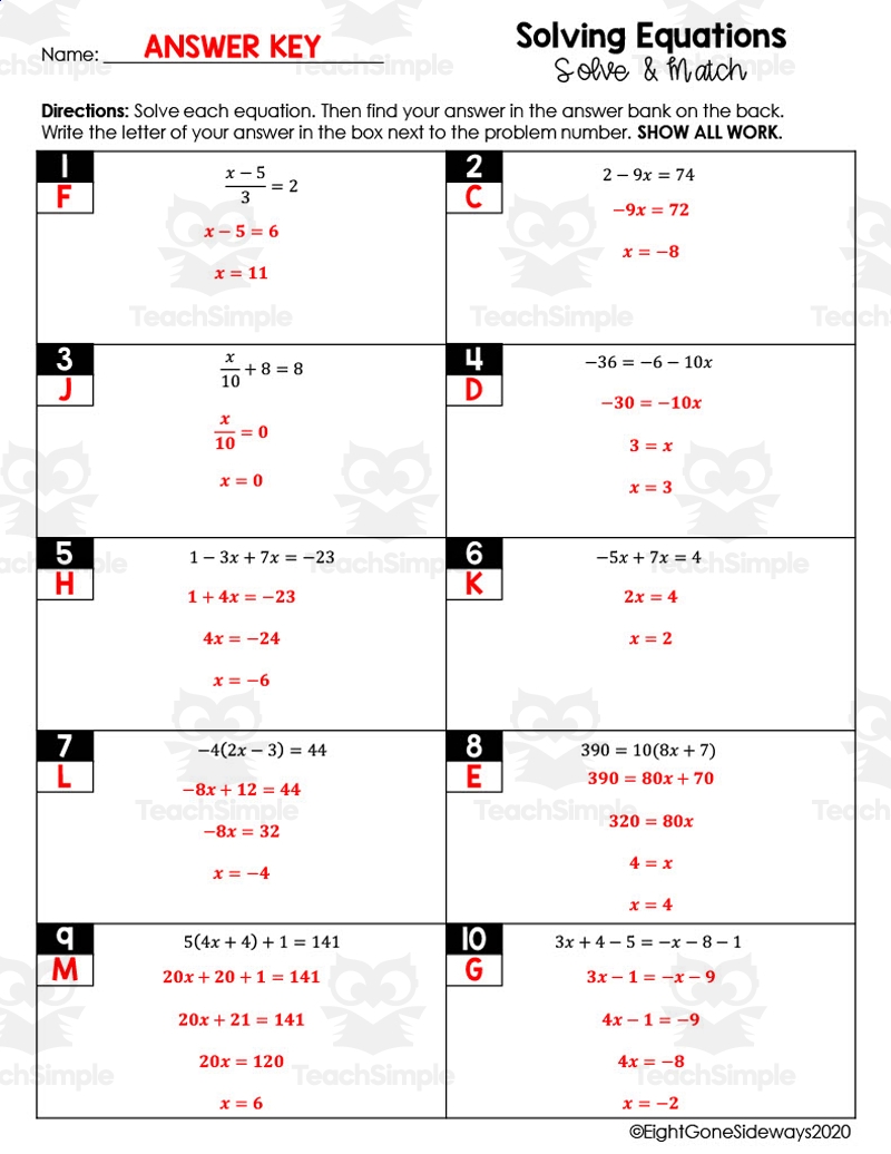 Solving Linear Equations Solve Match Worksheet By Teach Simple