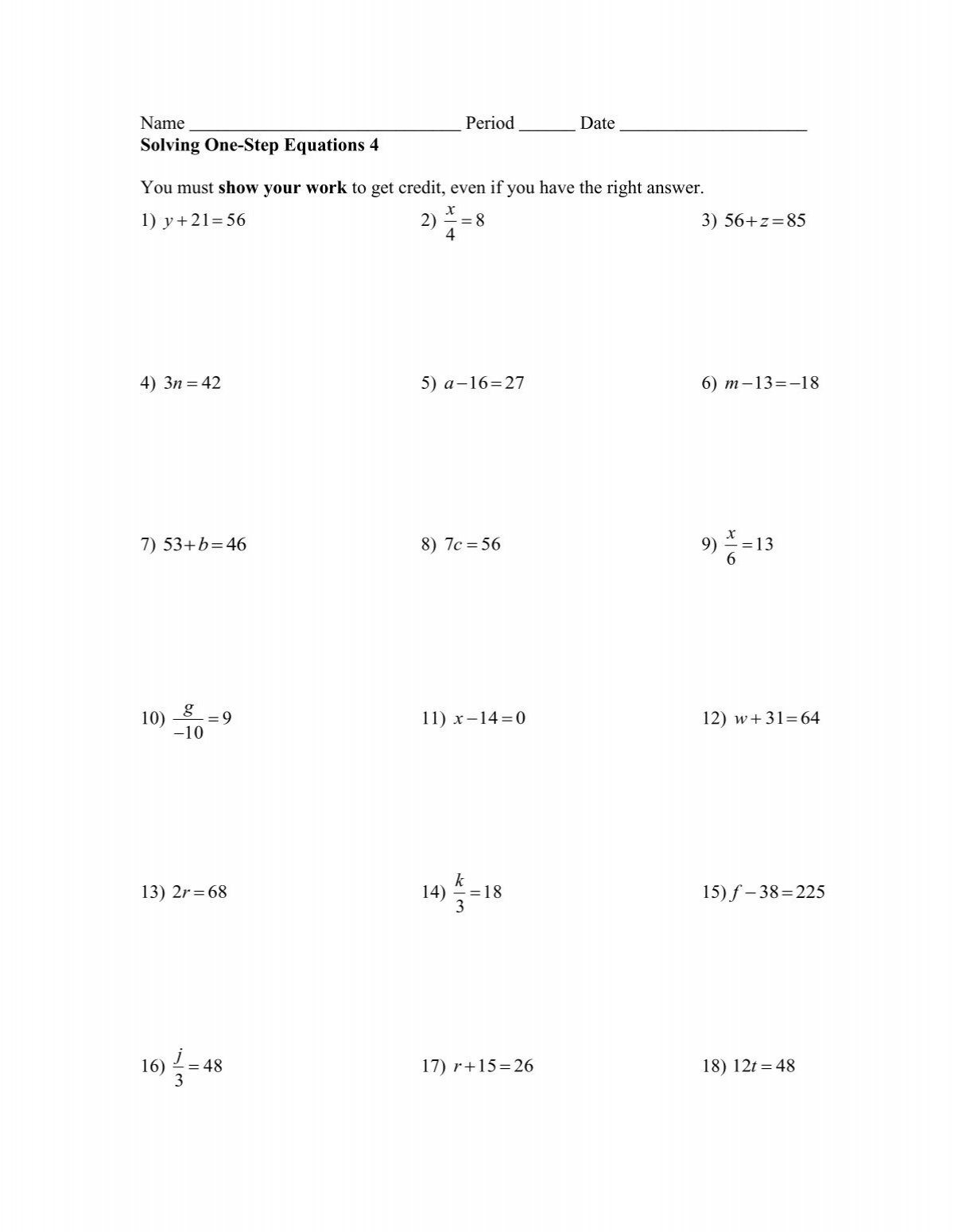one step equations worksheet