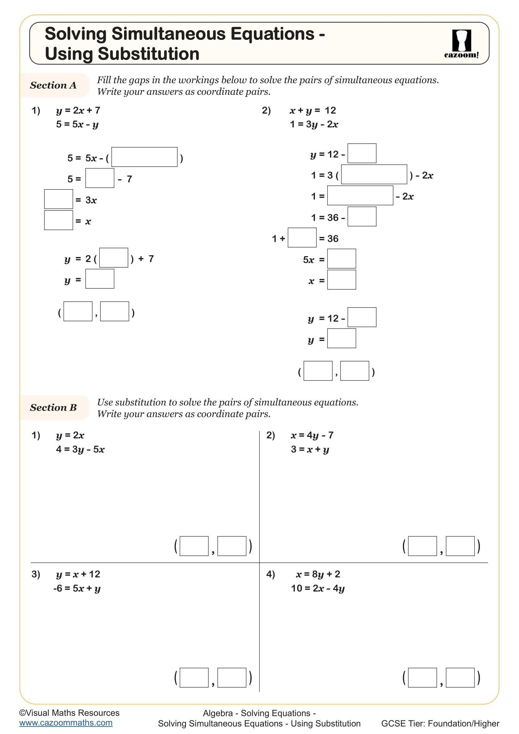 Solving Simultaneous Equations Using Substitution Worksheet Printable PDF For Year 10 And Year 11 Algebra Worksheet Solving Simultaneous Equations Using Substitution Worksheet Printable PDF For Year 10 And Year 11 Algebra Worksheet
