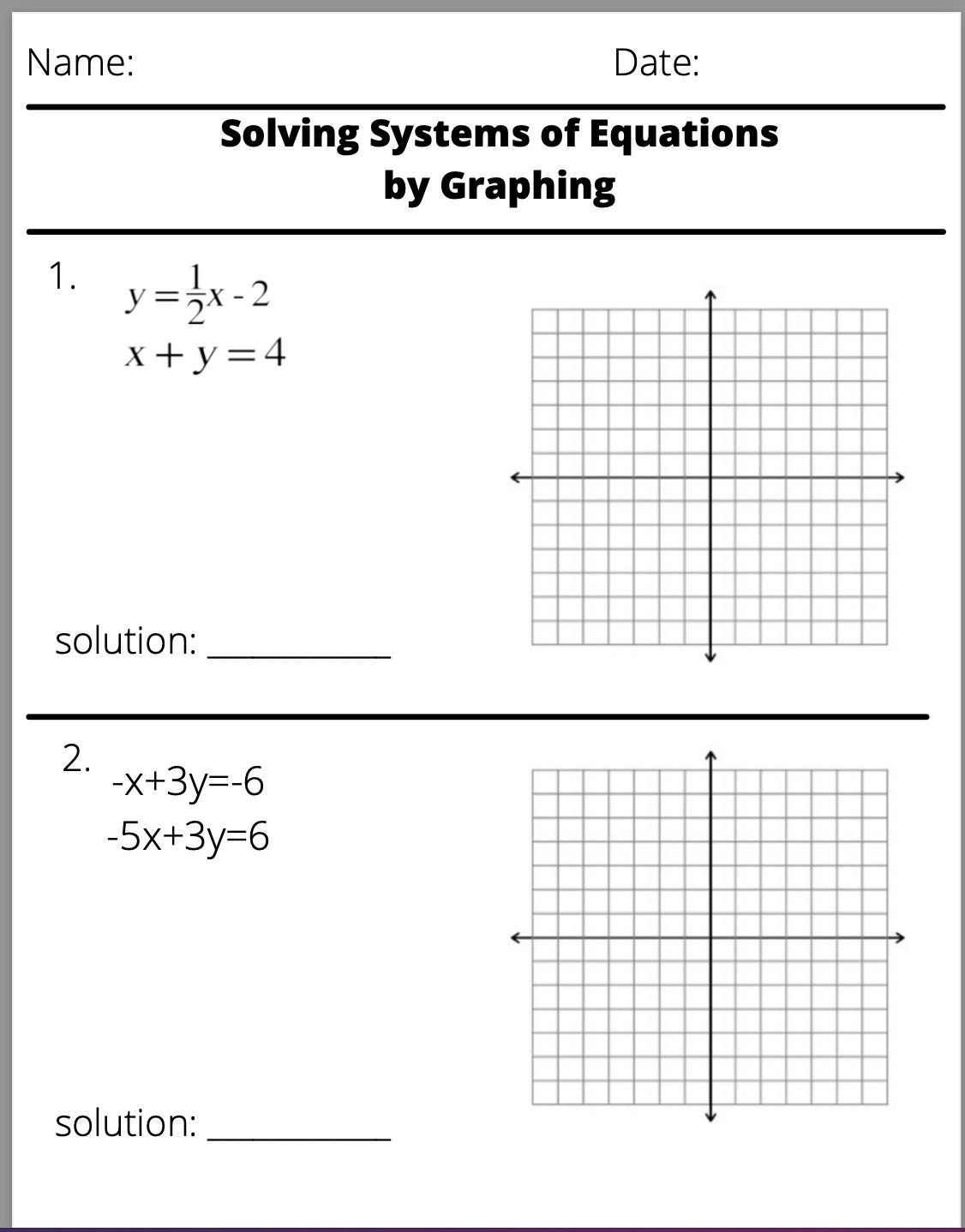 Solving Systems Of Equations By Graphing Worksheet Etsy Hong Kong