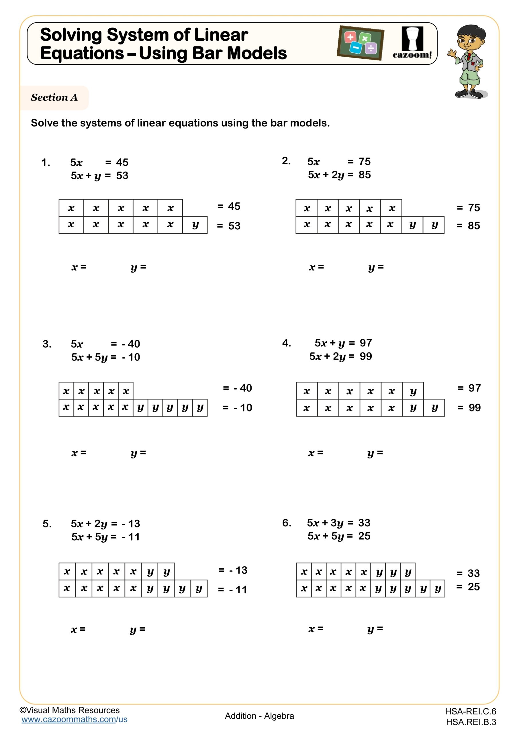 Solving Systems Of Linear Equations Using Bar Models Worksheet Fun And Engaging High School Algebra Worksheet