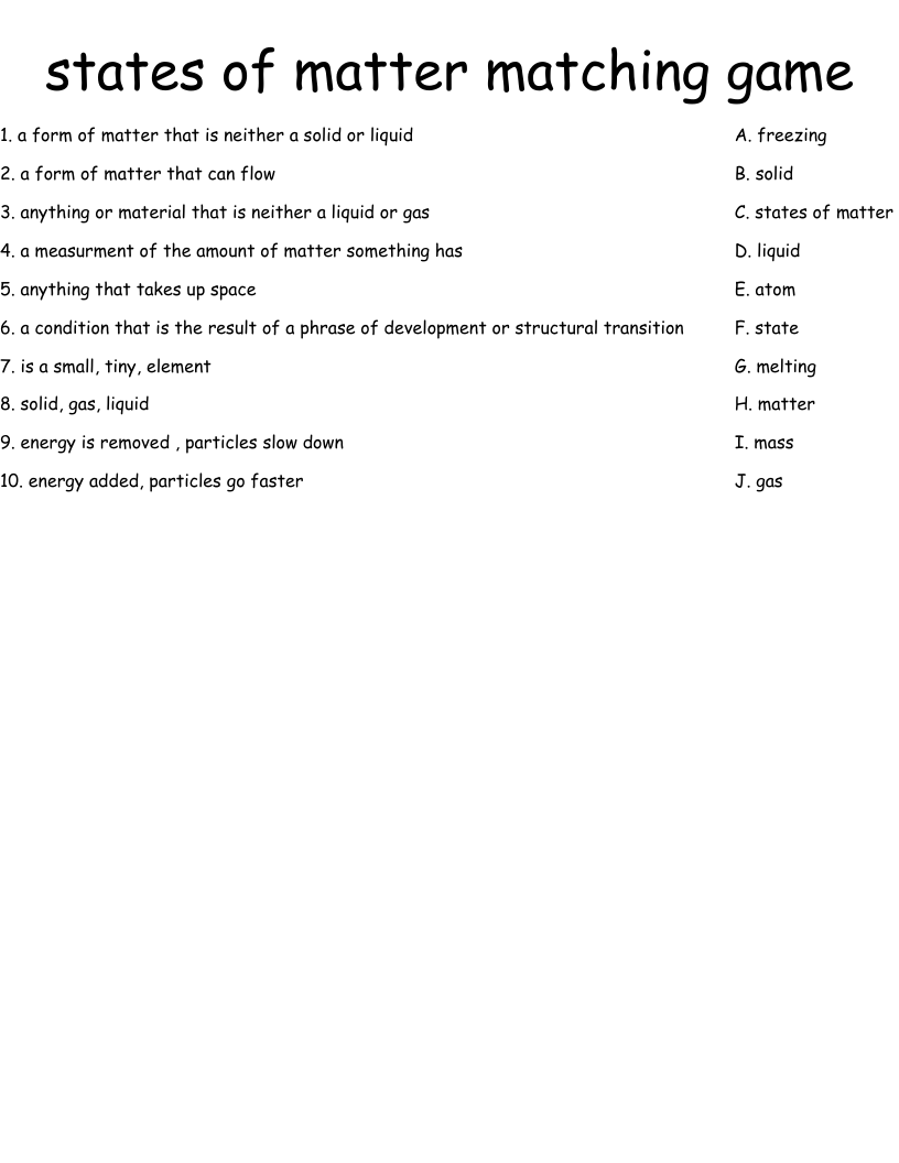 States Of Matter Matching Game Worksheet WordMint States Of Matter Matching Game Worksheet WordMint
