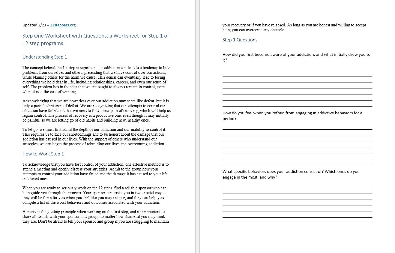 Step 1 Worksheet With Questions Free PDF Download Print 12 Steppers Step 1 Worksheet With Questions Free PDF Download Print 12 Steppers