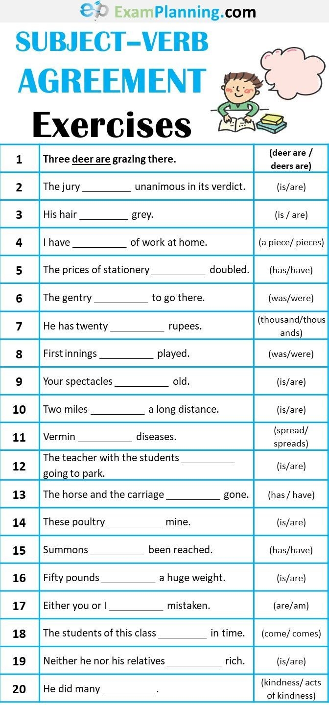grammar subject verb agreement worksheet