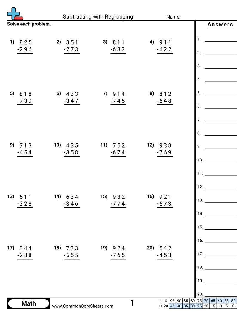 subtraction with regrouping worksheets