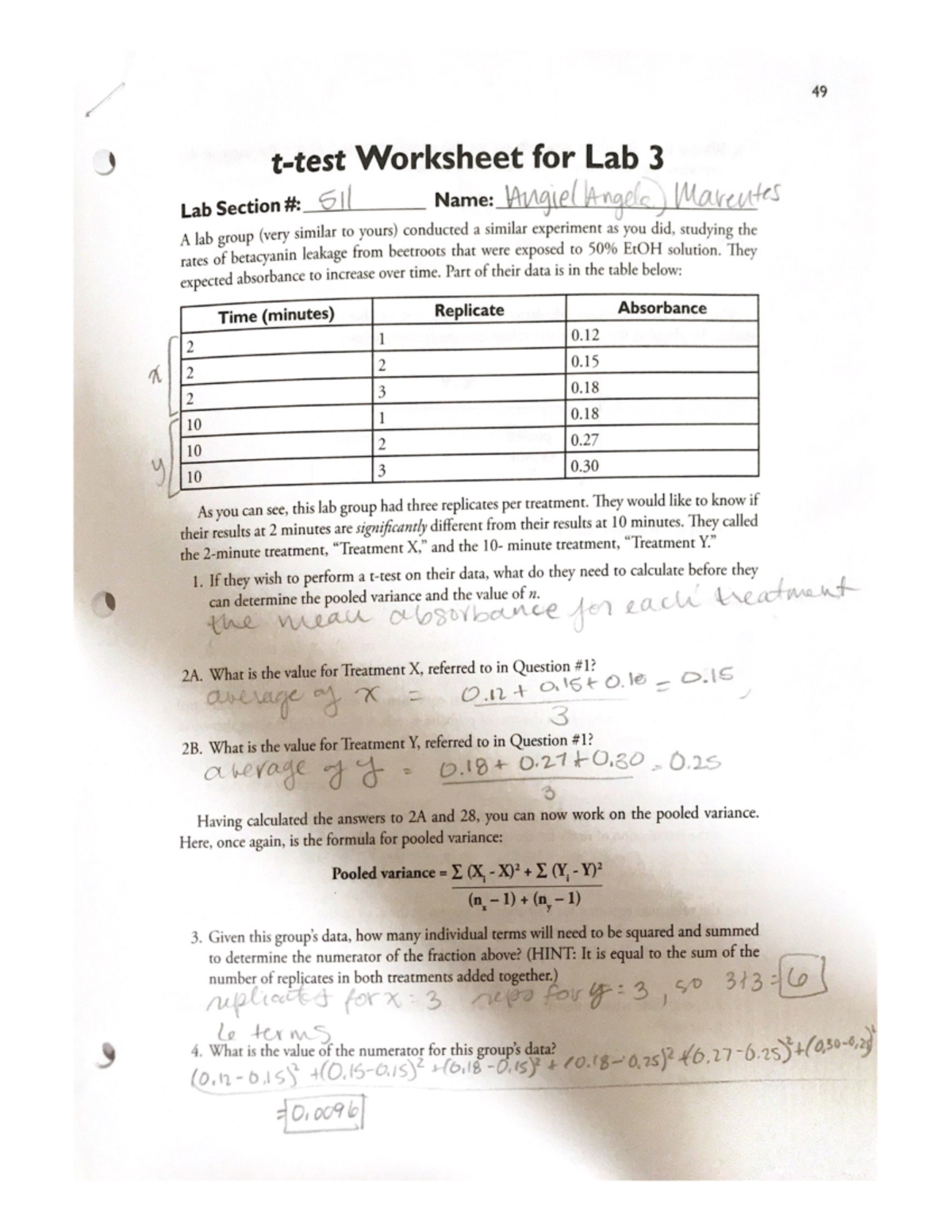 T Test Worksheet For Lab 3 Section 511 Analysis Of Absorbance Data Studocu