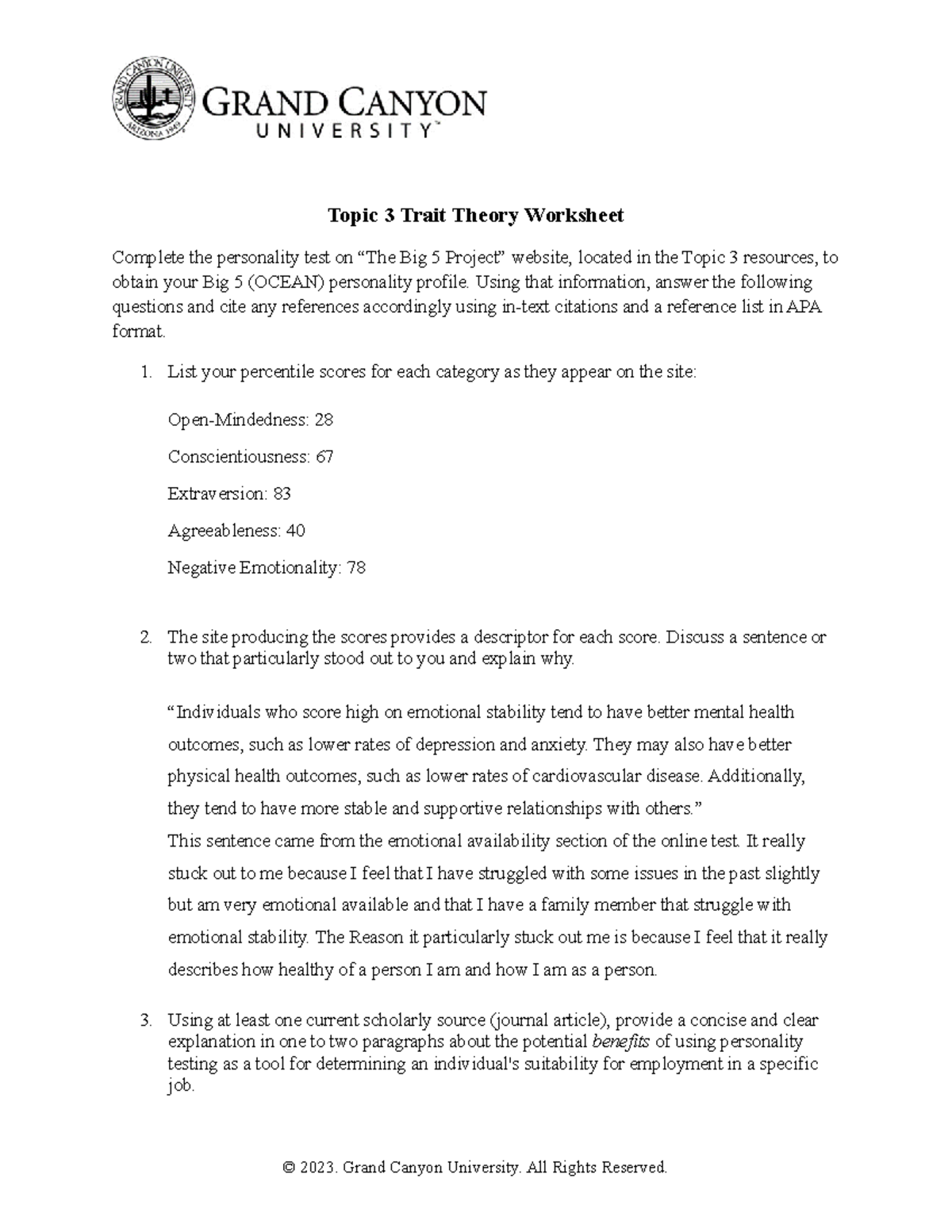 Trait Theory Worksheet Big 5 Personality Assessment Analysis Studocu