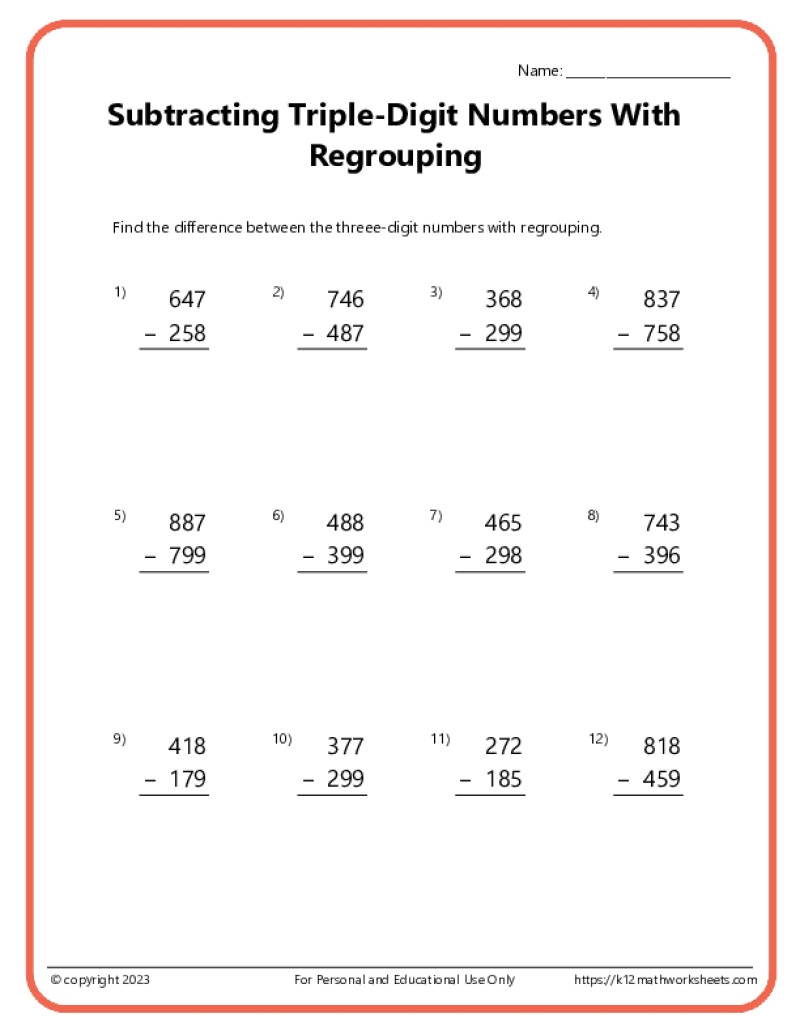 Triple Digit Subtraction With Regrouping Worksheets Triple Digit Subtraction With Regrouping Worksheets