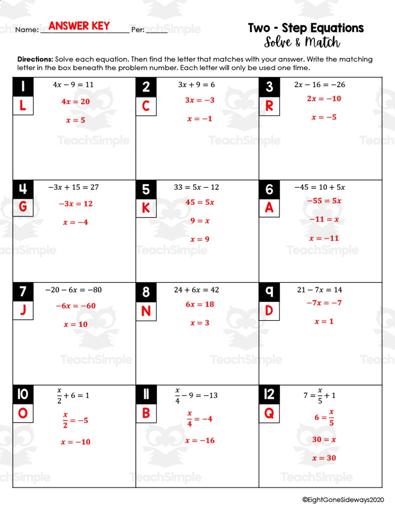 two step equations worksheet