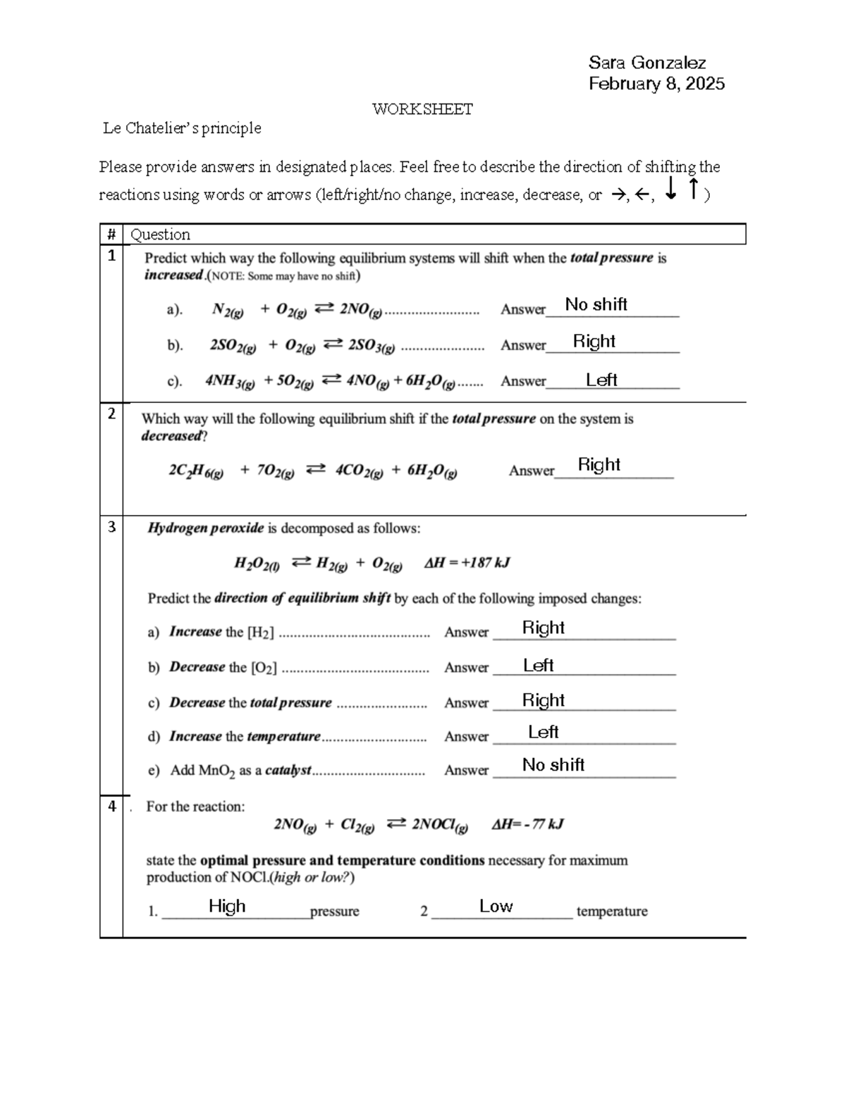 Week 8 Assignment WORKSHEET Le Chatelier s Principle Please Provide Answers In Designated Places Studocu