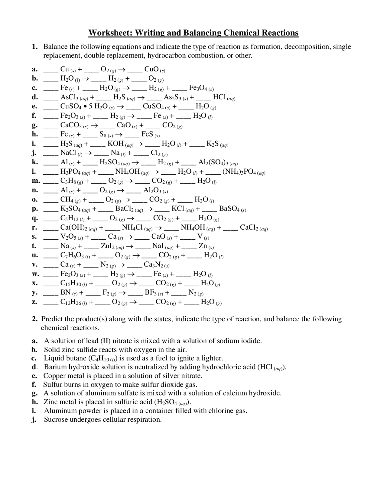 balancing chemical reactions worksheet