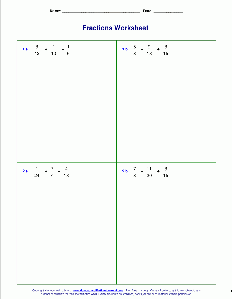 adding fractions with unlike denominators worksheets